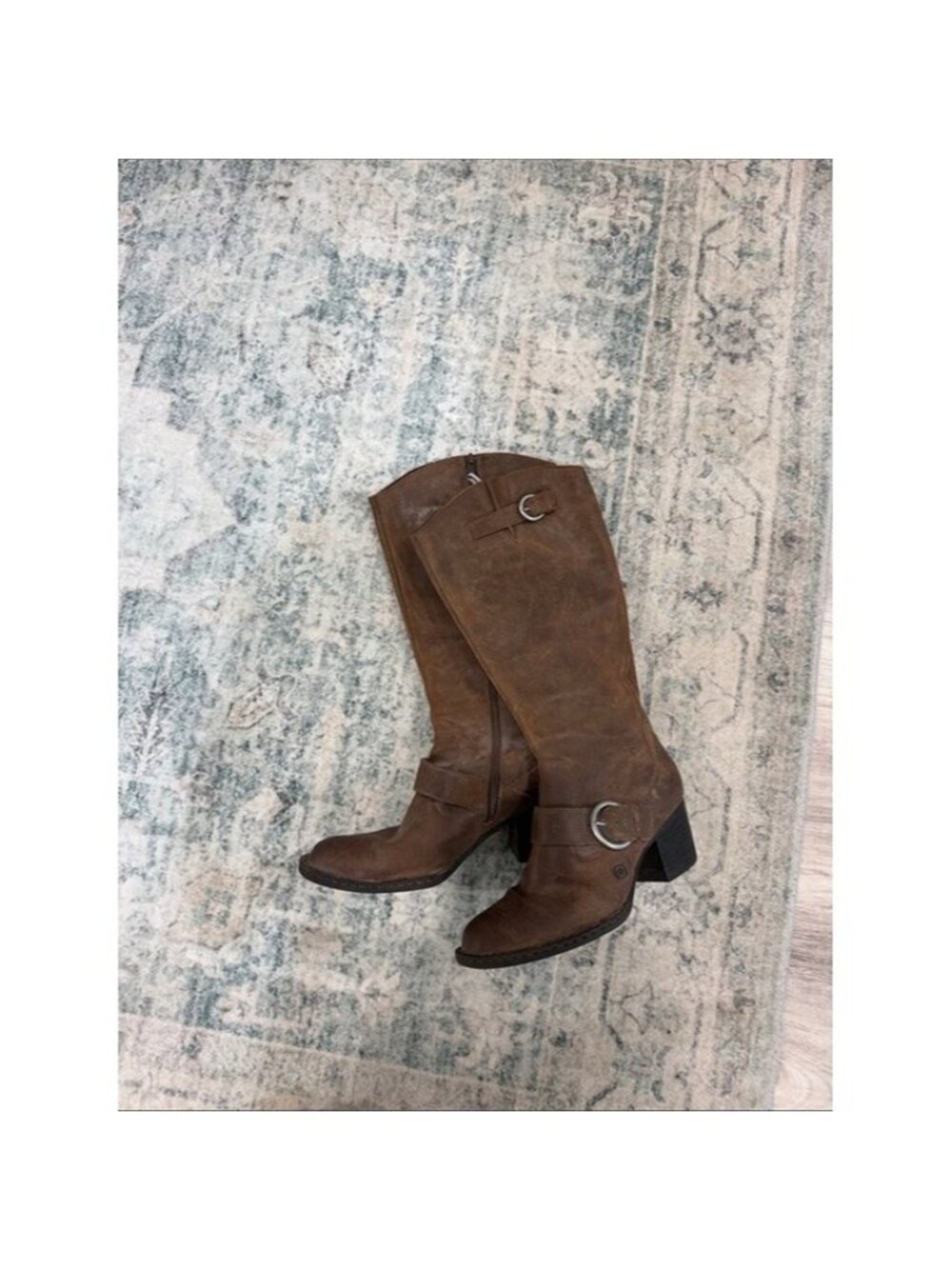 Born Brown Distressed Leather Mid-Calf Heeled Riding Boots buckle size 8.5